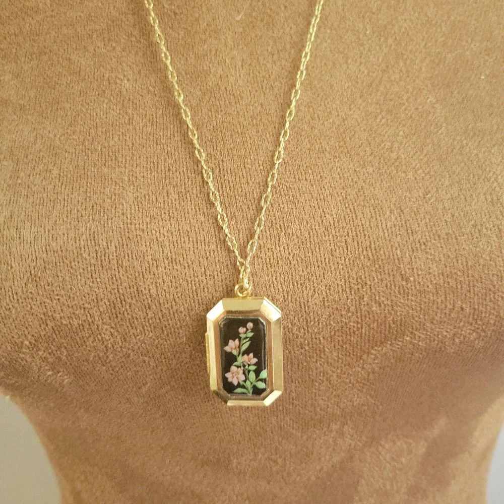 1928 Jewelry Co Gold Tone Enamel Floral Rectangle Locket Necklace 24 Cottagecore